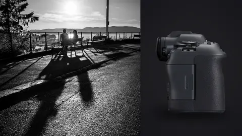 Canon EOS R6 Mark II product photo beside two friends casting long shadows on a waterside path
