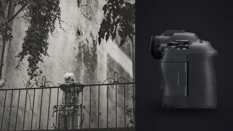 Canon EOS R6 Mark II product photo beside elderly woman resting on a balcony railing with a walker