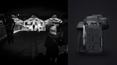 Canon EOS R6 Mark II product photo beside silhouetted people crossing a lit bridge to a night market