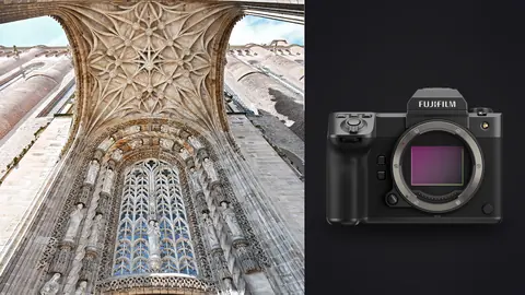 Fujifilm GFX100 II product photo beside ornate stone star-vaulted canopy over a cathedral portal