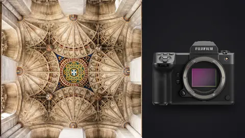 Fujifilm GFX100 II product photo beside square fan-vaulted gothic ceiling with heraldic medallion