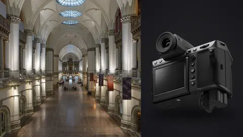 Fujifilm GFX100 II product photo beside grand museum hall with vaulted skylight and columns