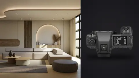 Fujifilm GFX100 II product photo beside living room with rounded sectional sofa and arched mirror