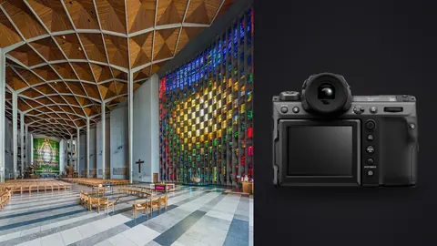 Fujifilm GFX100 II product photo beside modernist cathedral interior with vast colored glass wall