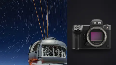 Fujifilm GFX100 II product photo beside close view of orange laser beams above a telescope dome