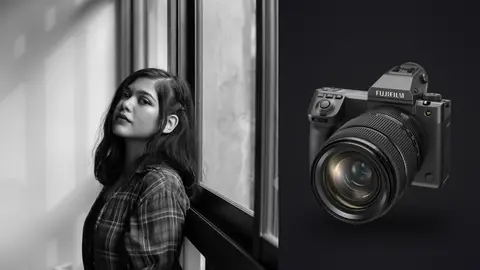 Fujifilm GFX100 II product photo beside black and white portrait in plaid shirt by window