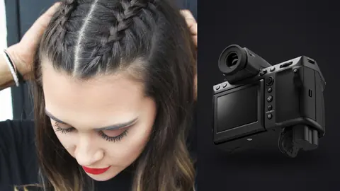 Fujifilm GFX100 II product photo beside close up of a woman with braided hair and bold red lipstick