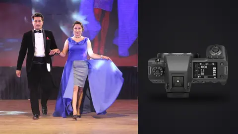 Fujifilm GFX100 II product photo beside couple in formalwear, woman in blue gown walking a runway