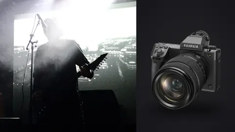 Fujifilm GFX100 II product photo beside silhouette of singer performing against projected imagery