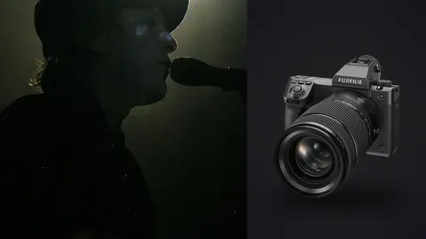 Fujifilm GFX100 II product photo beside silhouette of singer performing on stage