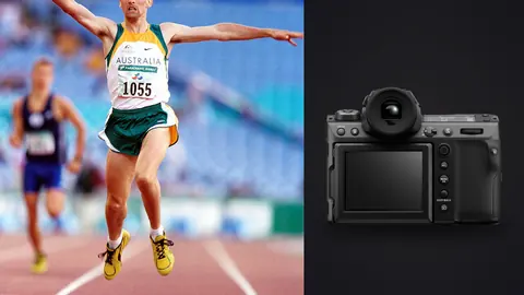 Fujifilm GFX100 II product photo beside sprinter crossing the finish line with arms raised