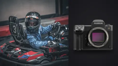 Fujifilm GFX100 II product photo beside go-kart driver gripping the wheel in a racing helmet