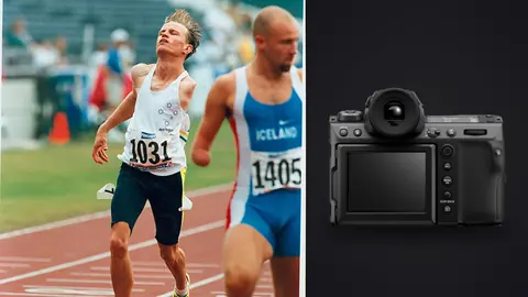 Fujifilm GFX100 II product photo beside racewalker straining mid-stride with a rival close behind