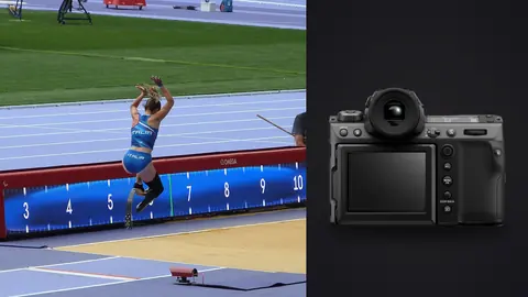 Fujifilm GFX100 II product photo beside para-athlete with a prosthetic leg leaping into a long jump pit