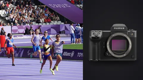 Fujifilm GFX100 II product photo beside hurdlers clearing barriers together in a track race
