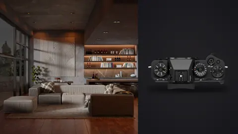 Fujifilm X-T5 product photo beside dark wood living room with exposed brick wall