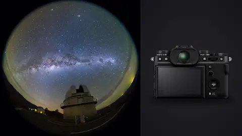 Fujifilm X-T5 product photo beside fisheye view of the milky way over an observatory dome