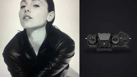 Fujifilm X-T5 product photo beside black and white studio portrait of a model in a leather jacket