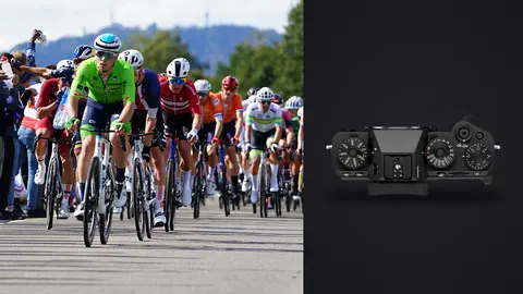 Fujifilm X-T5 product photo beside world championship cyclists riding past spectators lining the road
