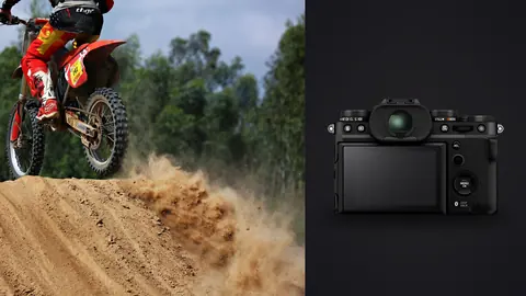 Fujifilm X-T5 product photo beside motocross rider jumping over a dirt track