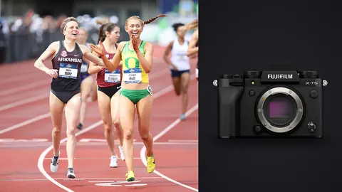 Fujifilm X-T5 product photo beside group of female distance runners smiling near the finish line