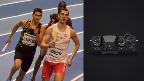 Fujifilm X-T5 product photo beside male relay runners racing shoulder to shoulder with batons
