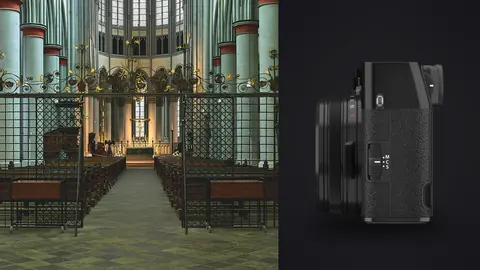 Fujifilm X100VI product photo beside cathedral choir behind an ornate wrought-iron screen gate