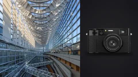 Fujifilm X100VI product photo beside modern glass atrium with dramatic converging lines