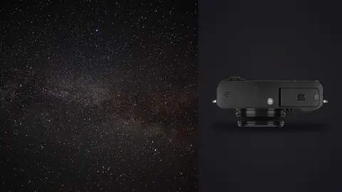 Fujifilm X100VI product photo beside faint milky way and scattered stars over a dark hillside