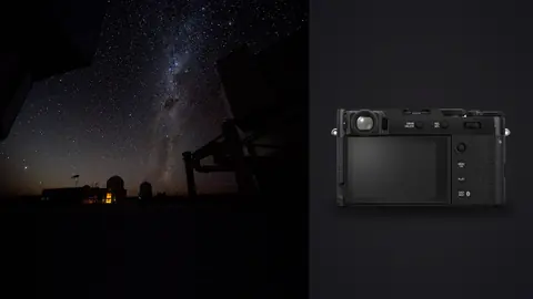 Fujifilm X100VI product photo beside milky way over observatory domes framed by dark equipment