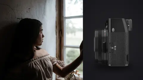 Fujifilm X100VI product photo beside off shoulder portrait leaning against window frame