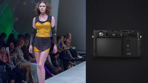 Fujifilm X100VI product photo beside model in a yellow top and black skirt walks a fashion runway