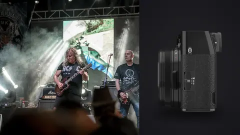 Fujifilm X100VI product photo beside musicians performing on stage under orange lights