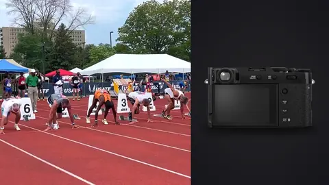 Fujifilm X100VI product photo beside sprinters exploding from the starting blocks on a track