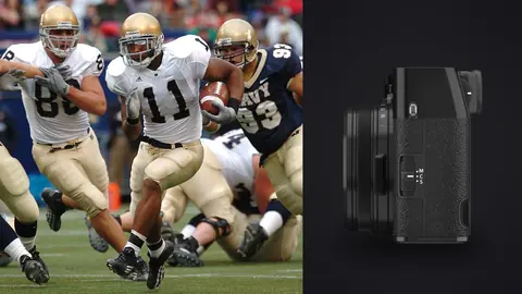 Fujifilm X100VI product photo beside american football running back breaking through defenders