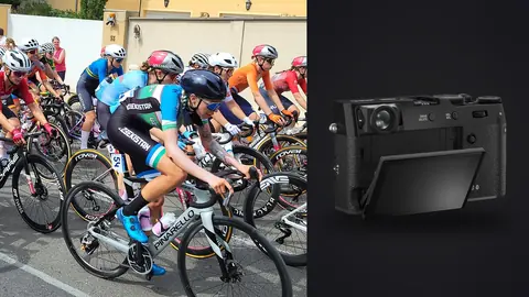 Fujifilm X100VI product photo beside women's national team cyclists racing tightly through a walled street