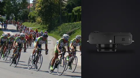Fujifilm X100VI product photo beside cyclists in matching jerseys racing together down a road