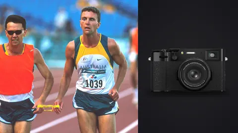 Fujifilm X100VI product photo beside two male runners tethered together sprinting down a track
