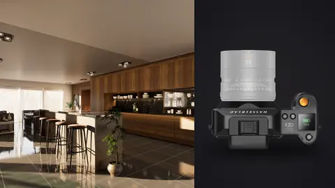 Hasselblad X2D 100C product photo beside open kitchen with bar seating and dark wood cabinetry