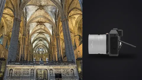 Hasselblad X2D 100C product photo beside gothic cathedral nave framed by massive stone columns