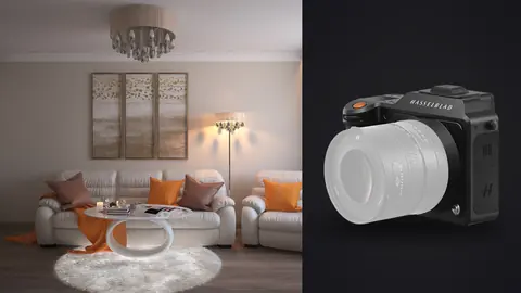 Hasselblad X2D 100C product photo beside 3d rendered living room with white sofas and orange accent pillows