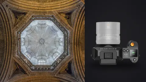 Hasselblad X2D 100C product photo beside octagonal gothic lantern tower ceiling seen from directly below