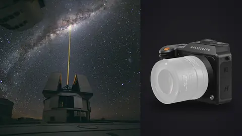 Hasselblad X2D 100C product photo beside milky way over an observatory dome with a laser beam