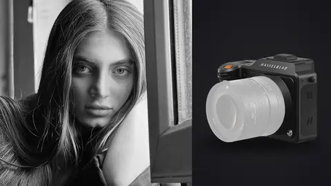 Hasselblad X2D 100C product photo beside close window light portrait resting chin on arm