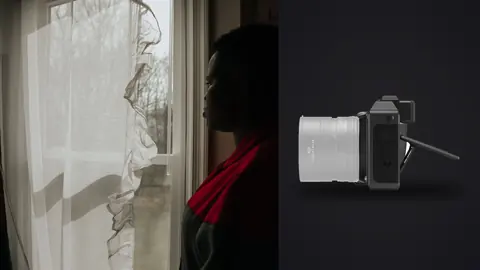 Hasselblad X2D 100C product photo beside quiet portrait by window with sheer curtain and scarf