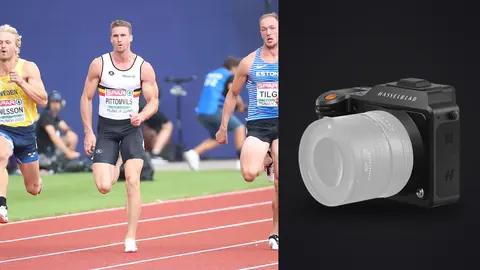 Hasselblad X2D 100C product photo beside three runners racing shoulder to shoulder on a track