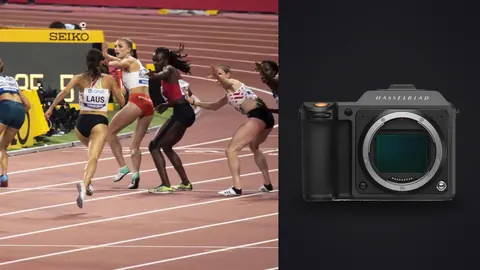 Hasselblad X2D 100C product photo beside relay runners exchanging the baton in a multi-lane sprint