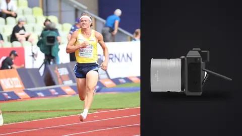 Hasselblad X2D 100C product photo beside two runners racing stride for stride on a track