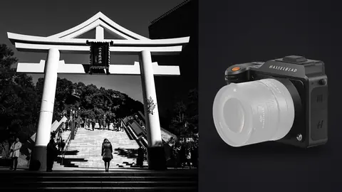 Hasselblad X2D 100C product photo beside crowd climbing steps toward a towering shrine gate
