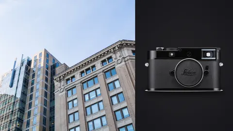 Leica M11 product photo beside contrast of ornate stone building and modern glass tower